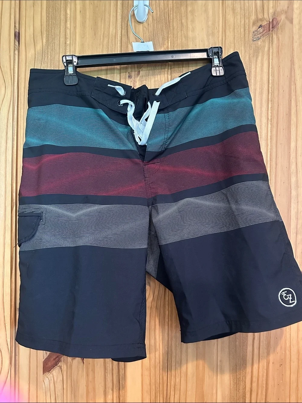 Ezekiel Striped Black Board Shorts with Teal & Maroon Bands